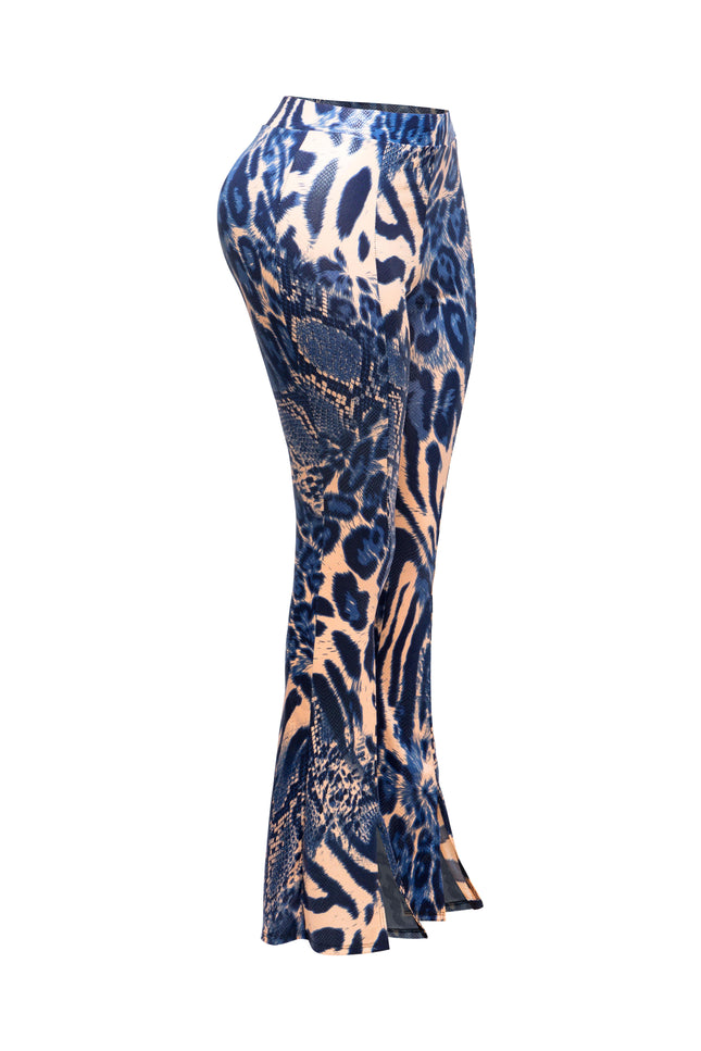 Foiled animal printed slit hem flared pants - Muvin 