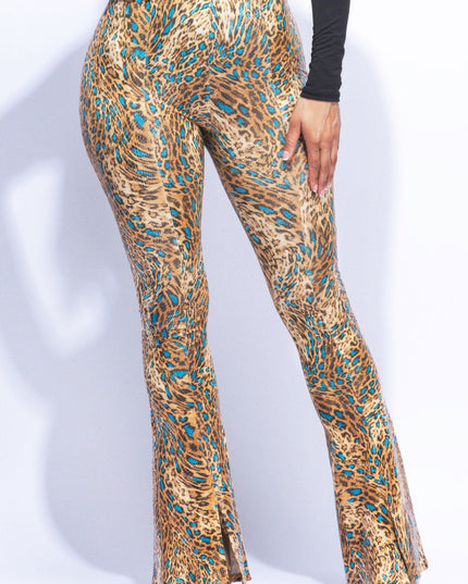 Foiled animal printed slit hem flared pants - Muvin 