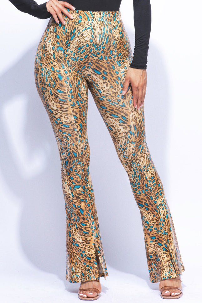 Foiled animal printed slit hem flared pants - Muvin 