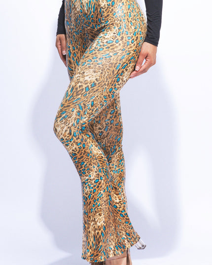 Foiled animal printed slit hem flared pants - Muvin 