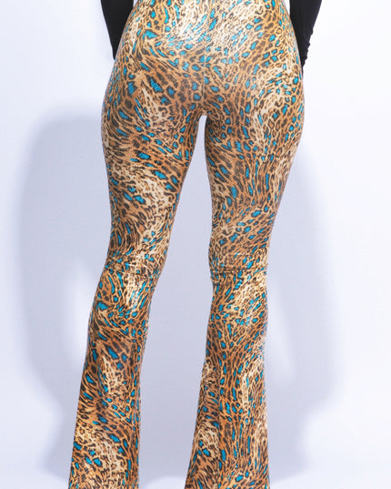 Foiled animal printed slit hem flared pants - Muvin 