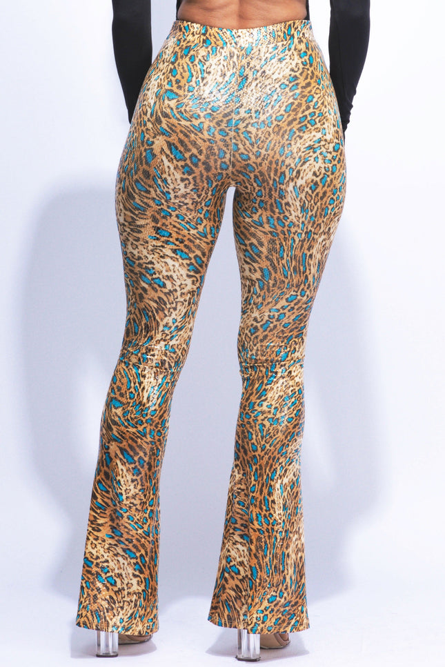 Foiled animal printed slit hem flared pants - Muvin 