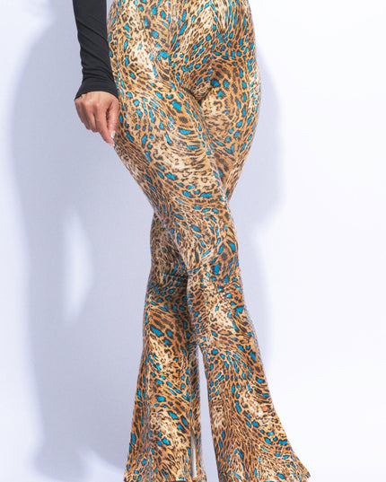 Foiled animal printed slit hem flared pants - Muvin 