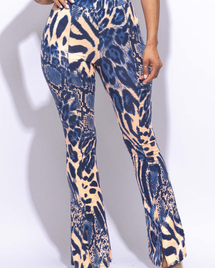 Foiled animal printed slit hem flared pants - Muvin 