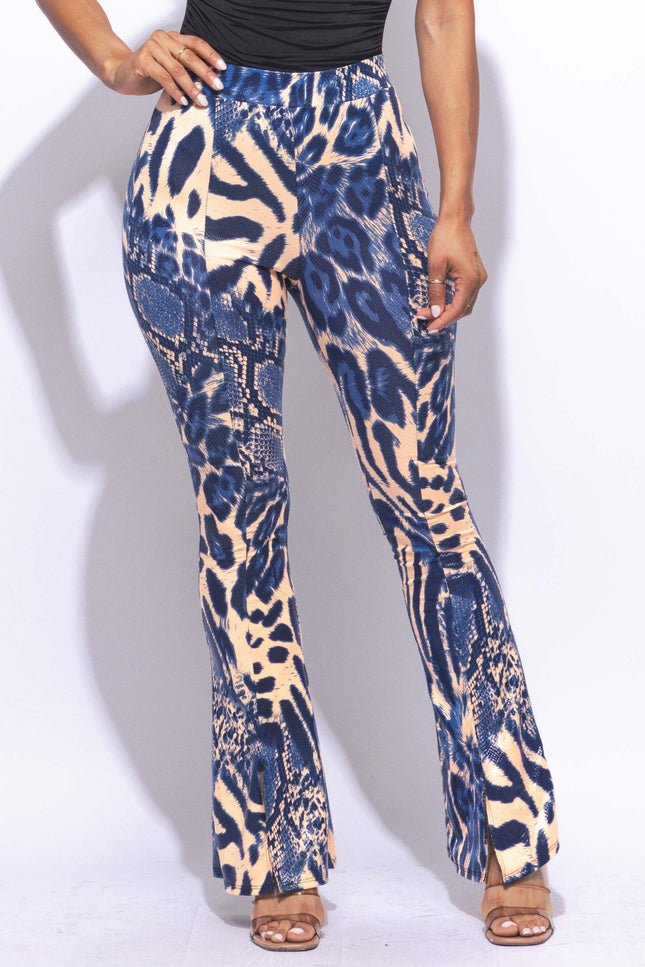 Foiled animal printed slit hem flared pants - Muvin 