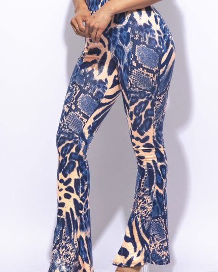 Foiled animal printed slit hem flared pants - Muvin 