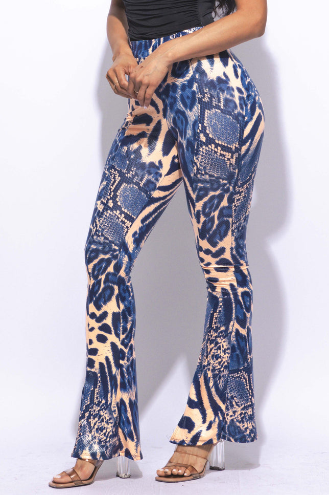 Foiled animal printed slit hem flared pants - Muvin 
