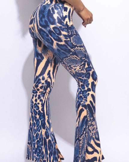 Foiled animal printed slit hem flared pants - Muvin 
