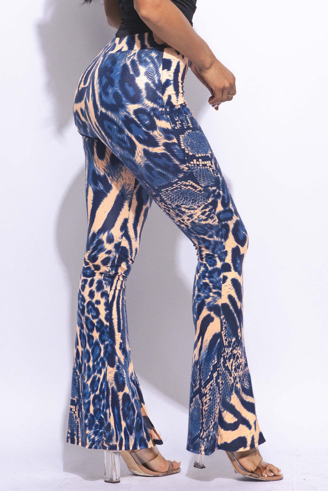 Foiled animal printed slit hem flared pants - Muvin 