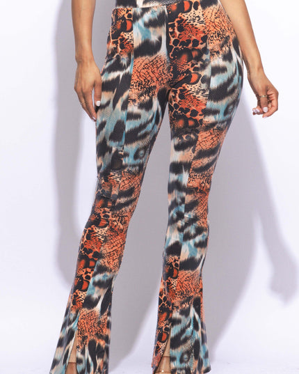Foiled animal printed slit hem flared pants - Muvin 