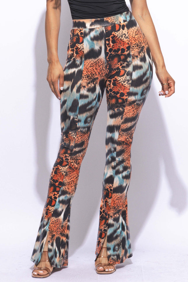 Foiled animal printed slit hem flared pants - Muvin 