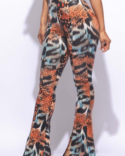Foiled animal printed slit hem flared pants - Muvin 