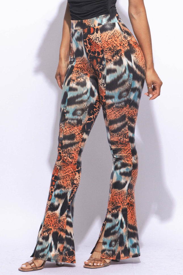 Foiled animal printed slit hem flared pants - Muvin 