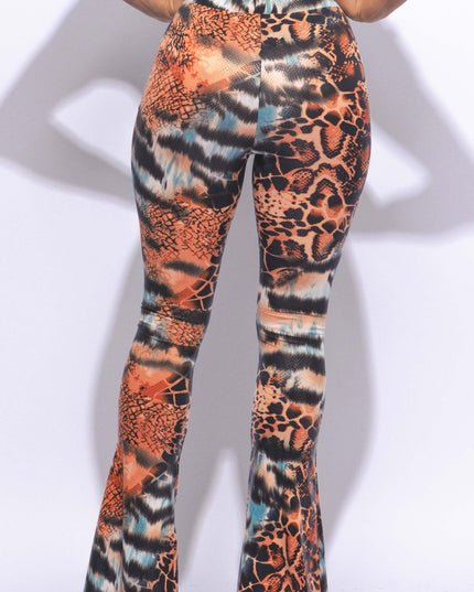 Foiled animal printed slit hem flared pants - Muvin 