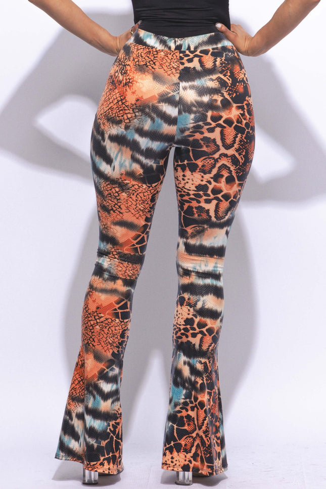 Foiled animal printed slit hem flared pants - Muvin 