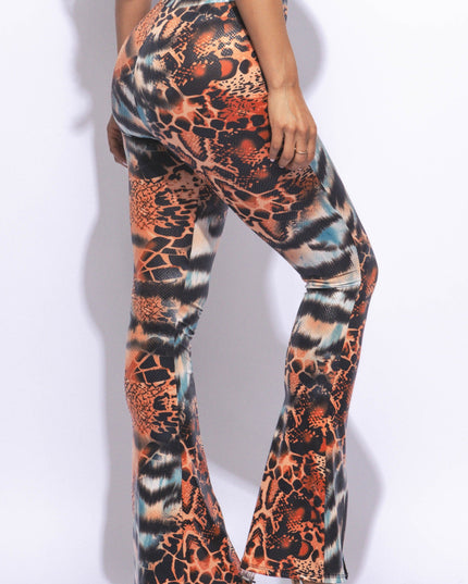Foiled animal printed slit hem flared pants - Muvin 