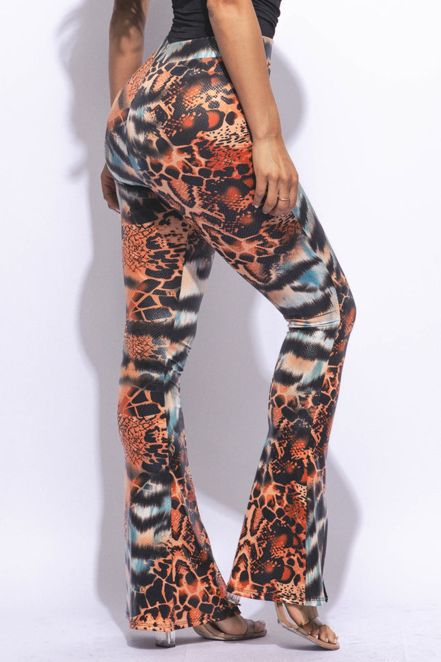Foiled animal printed slit hem flared pants - Muvin 