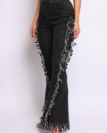 Distressed fringe denim flared pant. - Muvin 