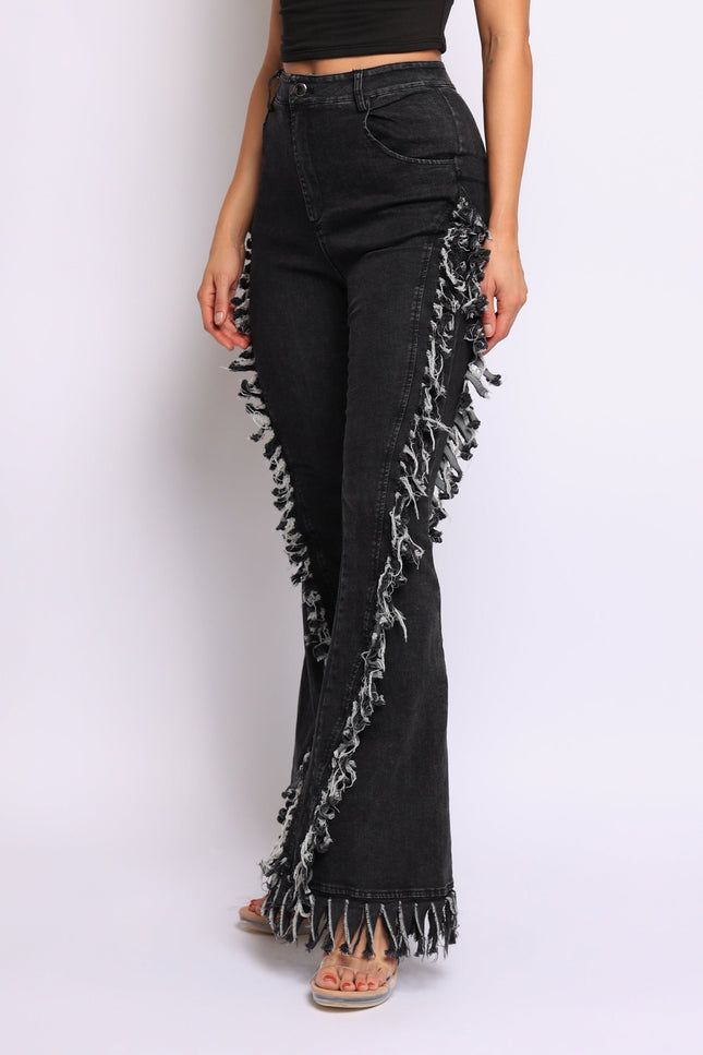 Distressed fringe denim flared pant. - Muvin 