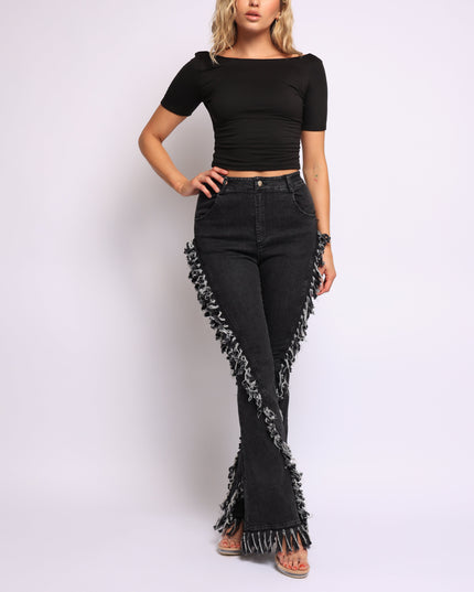 Distressed fringe denim flared pant. - Muvin 