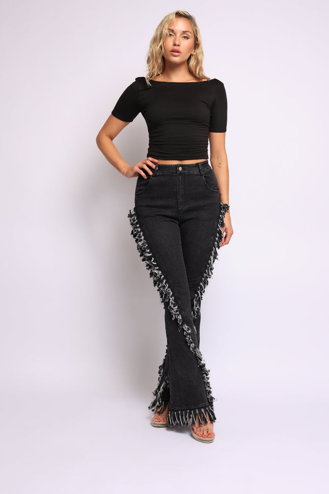 Distressed fringe denim flared pant. - Muvin 