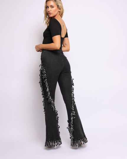 Distressed fringe denim flared pant. - Muvin 