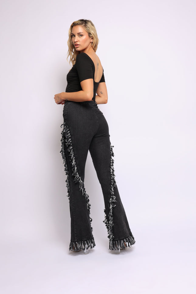 Distressed fringe denim flared pant. - Muvin 