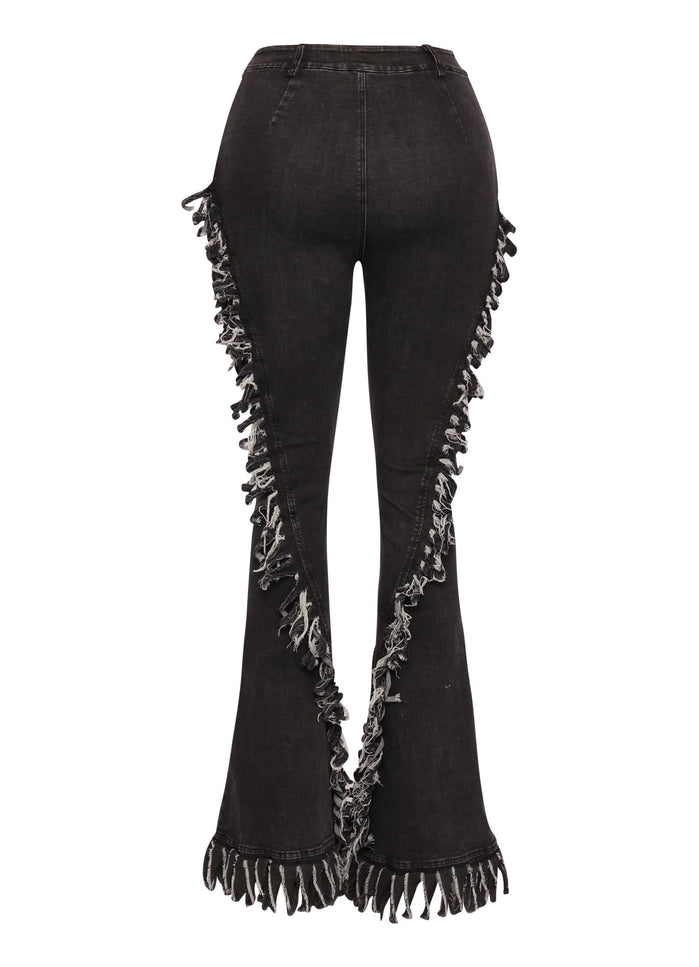 Distressed fringe denim flared pant. - Muvin 