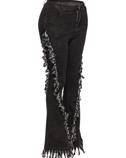 Distressed fringe denim flared pant. - Muvin 
