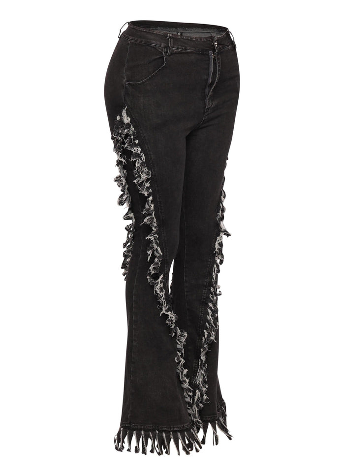 Distressed fringe denim flared pant. - Muvin 