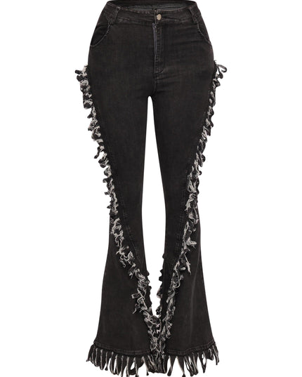 Distressed fringe denim flared pant. - Muvin 