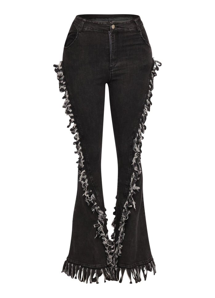 Distressed fringe denim flared pant. - Muvin 