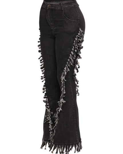 Distressed fringe denim flared pant. - Muvin 