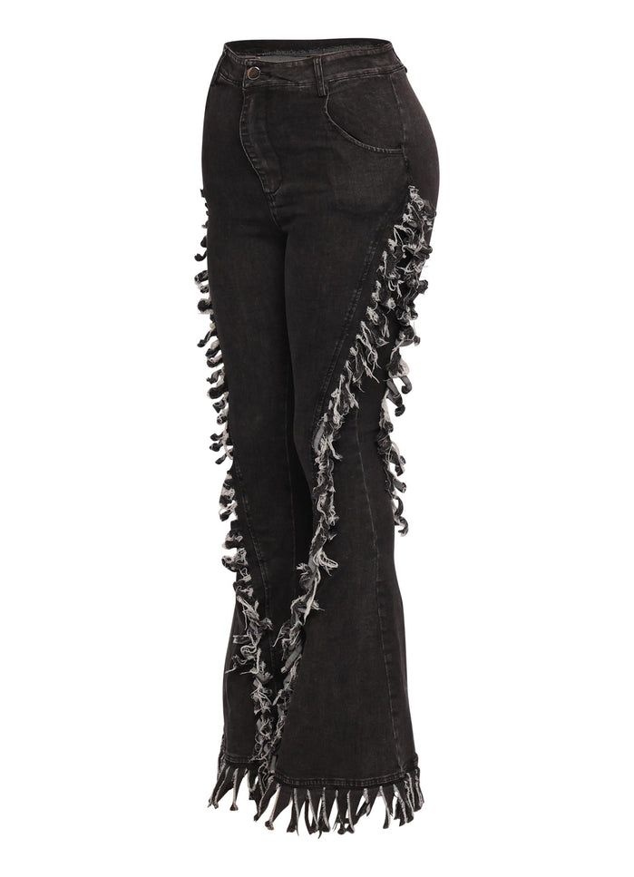 Distressed fringe denim flared pant. - Muvin 