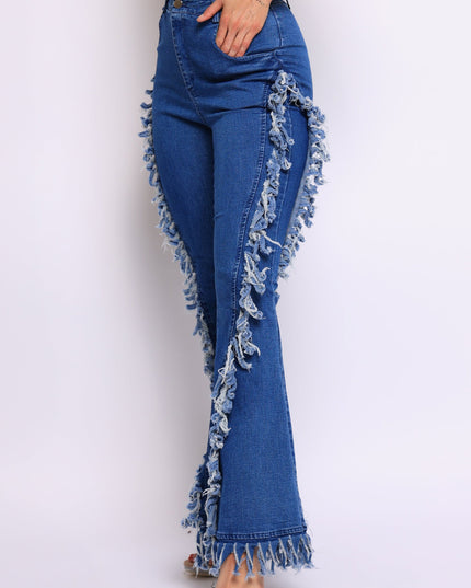 Distressed fringe denim flared pant. - Muvin 