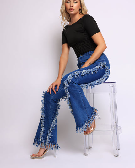 Distressed fringe denim flared pant. - Muvin 