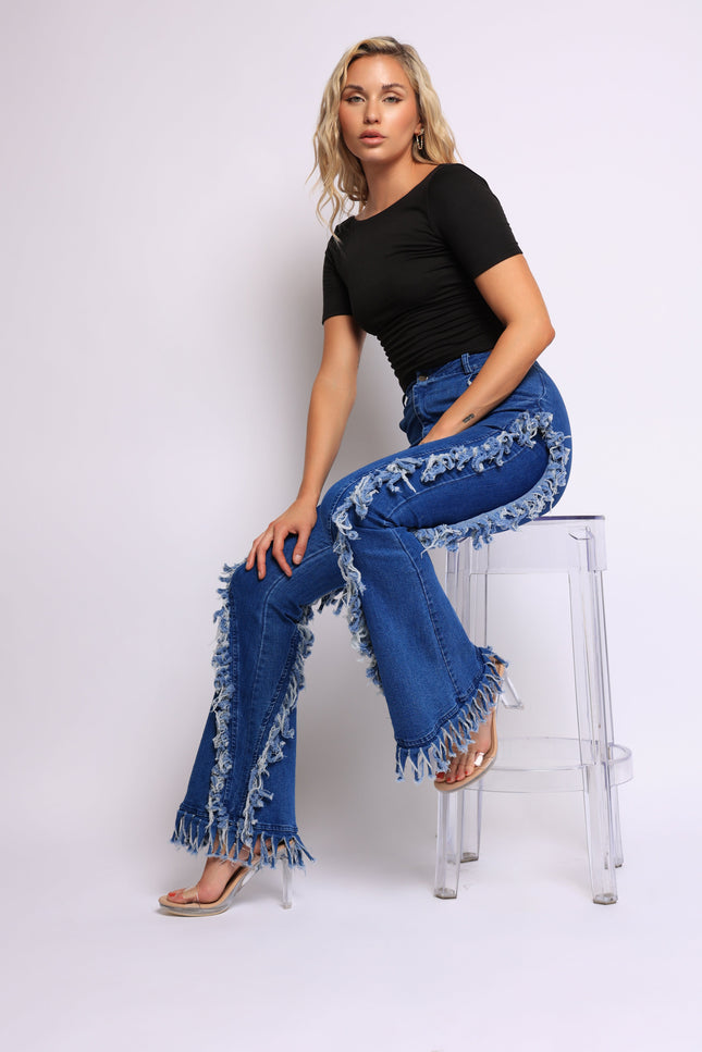 Distressed fringe denim flared pant. - Muvin 