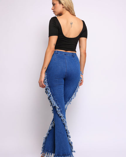 Distressed fringe denim flared pant. - Muvin 