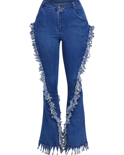 Distressed fringe denim flared pant. - Muvin 