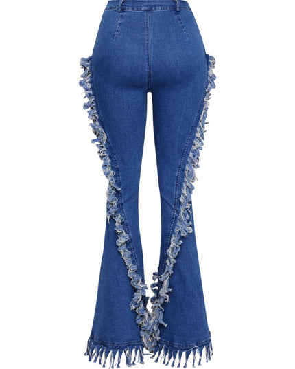 Distressed fringe denim flared pant. - Muvin 