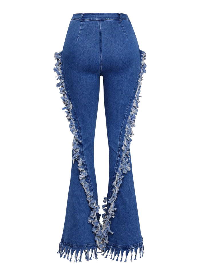 Distressed fringe denim flared pant. - Muvin 