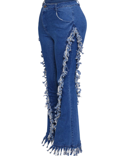 Distressed fringe denim flared pant. - Muvin 