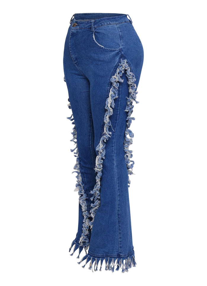 Distressed fringe denim flared pant. - Muvin 