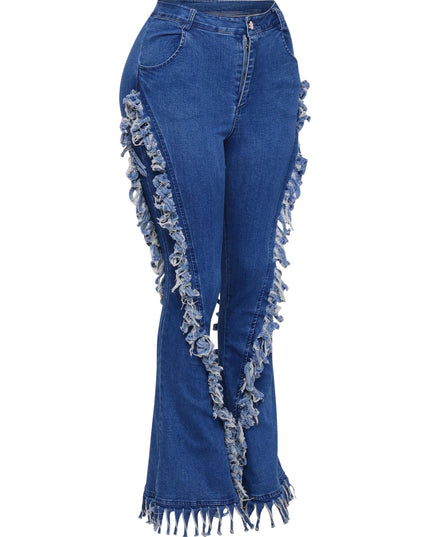 Distressed fringe denim flared pant. - Muvin 