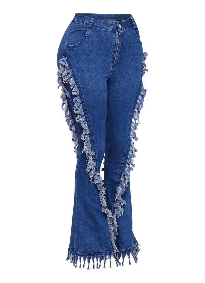 Distressed fringe denim flared pant. - Muvin 