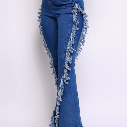 Distressed fringe denim flared pant - Muvin 