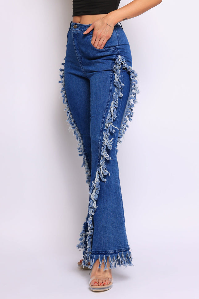 Distressed fringe denim flared pant - Muvin 
