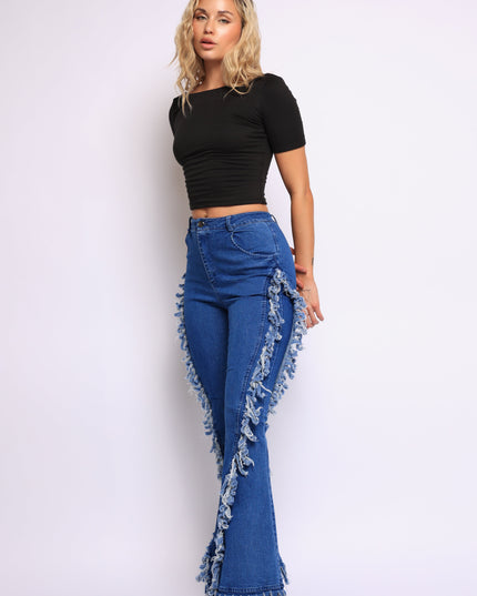 Distressed fringe denim flared pant - Muvin 