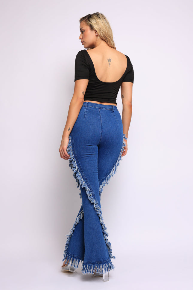 Distressed fringe denim flared pant - Muvin 
