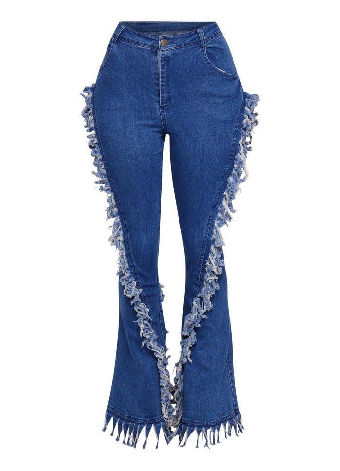 Distressed fringe denim flared pant - Muvin 